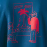 Buzo azul con cuello redondo, puños y cintura acanalados. Estampado frontal con la leyenda "Kaboa Gallery" en color rojo.