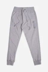 Pantalón deportivo gris con puños y bolsillos, con logo estampado.