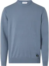 Sweater celeste de tejido de punto con cuello redondo, puños y bajo acanalados.
