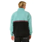 Canguro de polar multicolor con cierre parcial, cuello alto y puños elásticos. Presenta un diseño de bloques de color en tonos celeste y negro, con una banda estampada en el pecho y logo bordado.