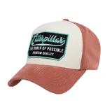 Gorra unisex Caterpillar color ladrillo con paneles laterales de pana y panel frontal color crema con parche bordado con el logo de la marca.