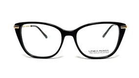 Armazón para lentes de acetato negro con forma cat-eye y detalles dorados en las esquinas.