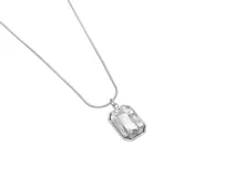 Collar de acero plateado con dije rectangular con cristal transparente. El largo del collar es de 40 cm más 5 cm de alargue.