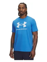 Remera negra de mangas cortas con logo Under Armour estampado en blanco en el frente.
