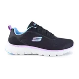Championes deportivos Skechers Flex Appeal 5.0, color negro con detalles en celeste y lila. Capellada de malla, cordones, plantilla acolchada Skechers Air-Cooled Memory Foam y suela Flex Lite.