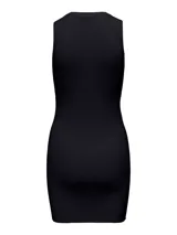 Vestido corto negro de punto plano, sin mangas y con cuello redondo.