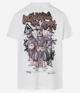 Remera blanca de algodón con estampa en la espalda de perros vestidos como gangsters y la frase "Beware of Dog".