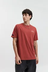 Remera celeste de manga corta con cuello redondo y estampado en la espalda con imágenes de arquitectura y texto.