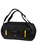 Bolso tipo duffel bag unisex de color negro, con correas de compresión desmontables y múltiples presillas. Presenta un parche con el logotipo de Cat en Hypalon y tiradores de cremallera a juego. Incluye un compartimento principal con funda acolchada para portátil de 15", bolsillo lateral largo con cremallera y bolsillo lateral de malla con cremallera. Posee correas de hombro acolchadas de malla transpirable con ajuste de longitud y almohadilla central.