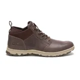 Bota de cuero marrón con cordones, caña media y suela de goma color beige.
