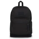 Mochila Jansport Right Pack negra con un compartimento principal grande, un bolsillo frontal con cierre y un bolsillo lateral para botella de agua.