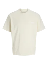 Remera color crema de corte oversize con cuello redondo y mangas cortas. Estampado en la espalda con la frase "Palm Valley" en color marrón.