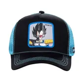 Gorro Capslab unisex con visera curva, paneles frontales negros y laterales de malla celeste. Parche frontal con el personaje Vegeta de Dragon Ball.