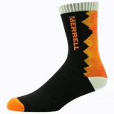 Calcetines negros con detalles en naranja y blanco, con el logo de Merrell en el lateral. Confeccionados con lana merino, nylon, acrílico, poliéster y spandex.