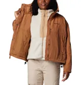 Campera marrón de mujer marca Columbia, modelo Laurelwoods III. Cuenta con capucha, cuello con forro polar, bolsillos laterales con cierre y puños con orificios para los pulgares.