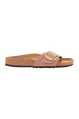 Sandalias Birkenstock modelo Madrid Big Buckle, color rosa viejo, con hebilla grande dorada ajustable y plantilla anatómica de corcho y látex.