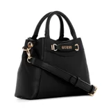 Cartera Guess modelo Emera chica, color negro, con doble asa de mano y correa larga extraíble y ajustable. Tiene el logo de la marca en dorado en el frente.