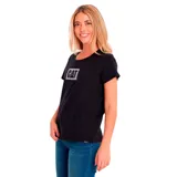 Remera negra de manga corta con cuello redondo y logo metálico de CAT estampado en el pecho.