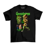 Remera negra de algodón con estampado de personajes de la serie de terror Escalofríos.