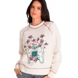 Buzo color crema de corte clásico, con cuello redondo y mangas largas raglán. Presenta un estampado central con flores y texto en tonos rosa y verde. Tiene costuras en contraste color rosa en cuello, puños y ruedo.