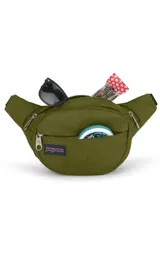 Riñonera JanSport Fifth Avenue negra con estampado de rayos blancos.