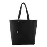 Cartera tipo shopper de cuero sintético color negro, con doble asa de hombro, cierre superior y detalle de logo de la marca Las Oreiro en el frente.