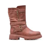 Bota de caña media color negro con hebilla lateral y cierre de cremallera.