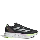 Championes Adidas Duramo Speed para hombre, color negro con detalles en gris, violeta y verde. Ideales para running, con amortiguación Lightstrike y suela duradera.