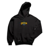 Canguro negro de algodón con capucha y bolsillo delantero. Estampado en el pecho con el logo de la marca Emexem en amarillo y azul.