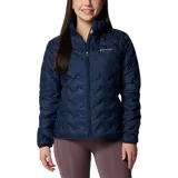Campera acolchada Columbia para mujer, color azul marino, con cuello alto y cierre frontal. Presenta un patrón de pespunte en forma de zigzag y el logo de Columbia en el pecho.