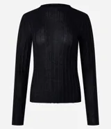 Suéter negro de punto con cuello redondo y mangas largas. Presenta rayas verticales texturizadas y tejido con hilos metalizados.