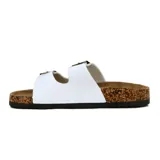 Sandalias bajas blancas con dos tiras con hebilla y suela de corcho.