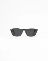 Anteojos de sol negros con lentes polarizados y protección UV. Marco rectangular metálico.