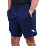 Short deportivo azul marino con cintura elástica ajustable con cordón y logo de la marca en blanco en la pierna derecha.