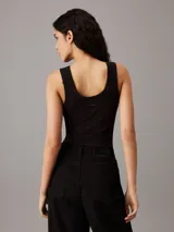 Remera negra de modal elástico con estructura de canalé, diseño ajustado y cuello abierto delante y detrás.
