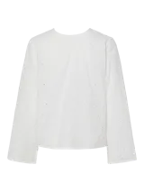 Blusa blanca de encaje con mangas largas acampanadas y lazos en el frente.