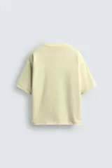 Camiseta color verde claro, de corte holgado, confeccionada en tejido de algodón con interior reversible de popelín. Tiene cuello redondo, manga corta y acabados con vivo combinado a contraste.