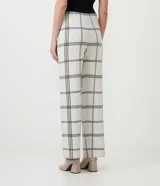 Pantalón recto de punto con estampado de cuadros grid, cintura alta y cintura contrastante.
