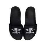 Ojotas negras tipo slide marca Umbro, con logo blanco en la tira.