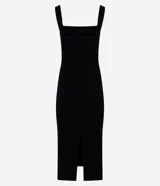 Vestido midi negro de rib con escote cuadrado y breteles anchos.