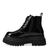 Botas de mujer estilo militar, caña media, color negro, con cordones y suela plataforma gruesa y dentada.