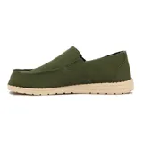 Zapato casual de hombre color verde militar, estilo mocasín, con elásticos laterales y suela beige.