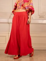 Pantalón palazzo rojo de lino con cintura de algodón con spandex.