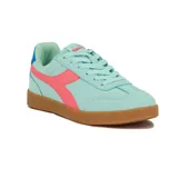 Championes Diadora Bamtelo Lifestyle Junior, color verde agua con detalles en rosado, celeste y suela marrón.