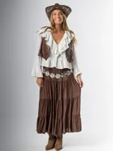 Falda larga marrón de algodón, estilo campesina, con elástico en la cintura y diseño escalonado.