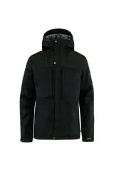 Campera acolchada color negro, con capucha y cierres frontales.