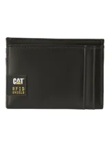 Billetera tipo tarjetero de cuero negro, con ranuras frontales y traseras para tarjetas y protección RFID.