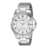 Reloj Casio plateado con esfera blanca, números arábigos negros y calendario.