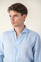 Camisa celeste con estampado a cuadros, de lino, manga larga y corte slim fit.