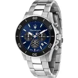 Reloj Maserati Competizione con caja de acero plateado de 43mm, esfera azul sunray, bisel cerámico negro, índices luminiscentes y brazalete de acero.
